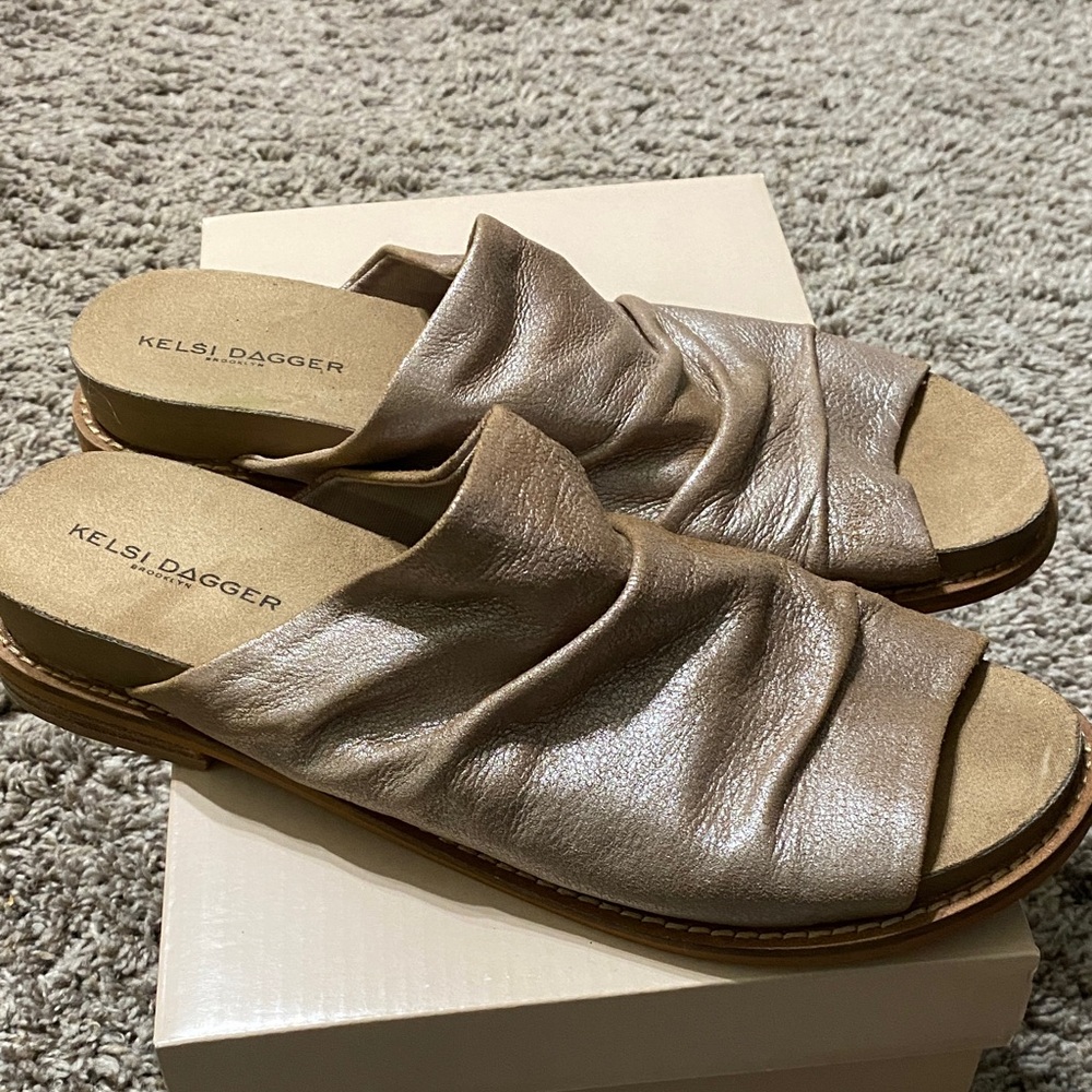 Kelsi Dagger Ruched Metallic Taupe Slide Mules